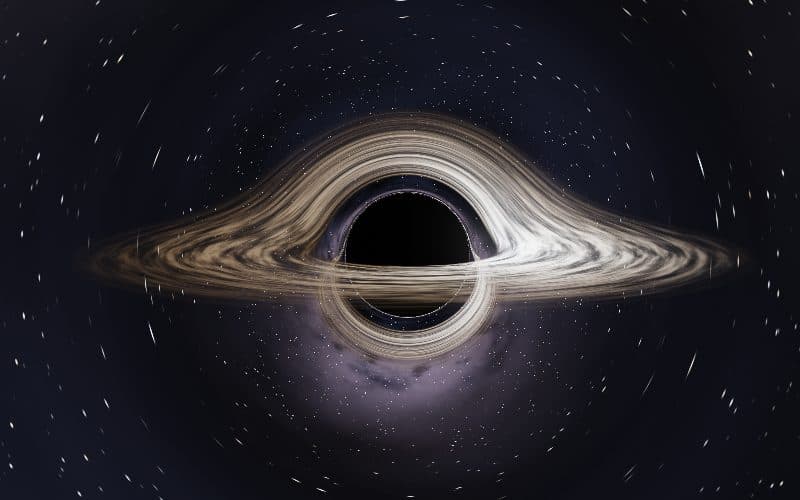 A ray-traced black hole with its bright accretion disk bent over and under the shadow